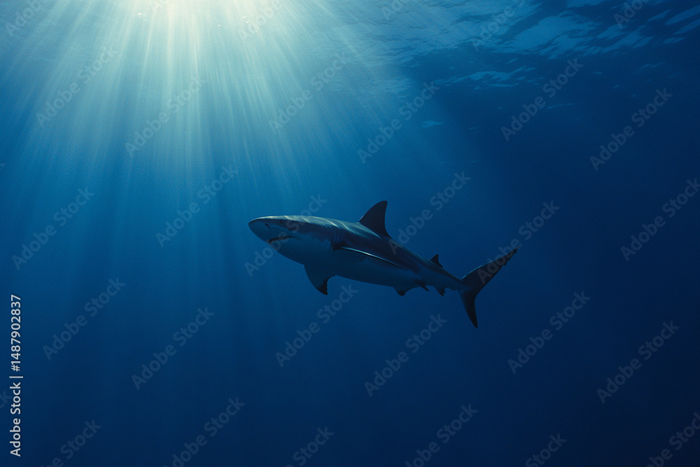 Naklejka premium Shark gliding through deep blue waters illuminated by sunbeams in a tranquil aquatic environment