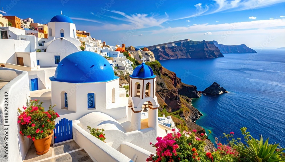 Obraz premium Blue-Domed Church Over Aegean Sea