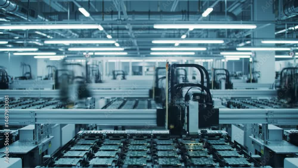 A modern manufacturing facility demonstrates cutting-edge automation techniques for assembling electronics. Robotic arms efficiently handle precise tasks amid bright fluorescent lighting. A modern manufacturing facility demonstrates cutting-edge automation techniques for assembling electronics. Robotic arms efficiently handle precise tasks amid bright fluorescent lighting.