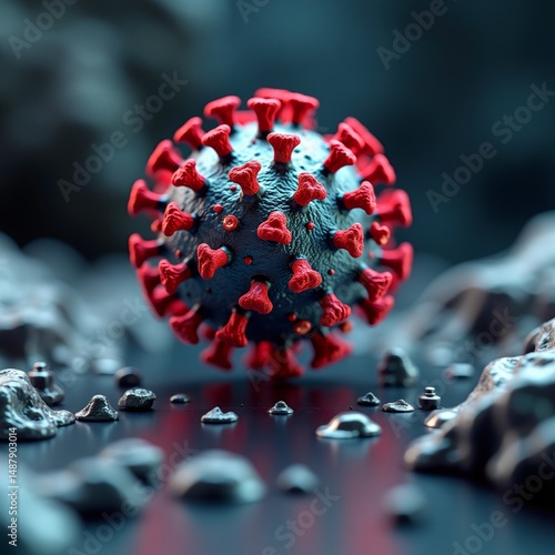3D rendering of a virus molecule with red spikes on its surface