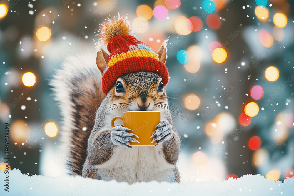 Cute squirrel in a red hat enjoying a hot drink in the snow Cute squirrel in a red hat enjoying a hot drink in the snow