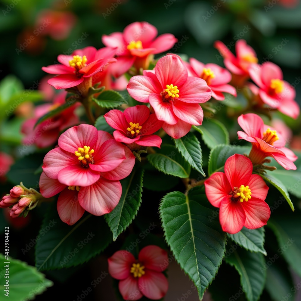 Obraz premium Close-up of a vibrant pink flower with yellow pollen in the center, set against a backdrop of green leaves from