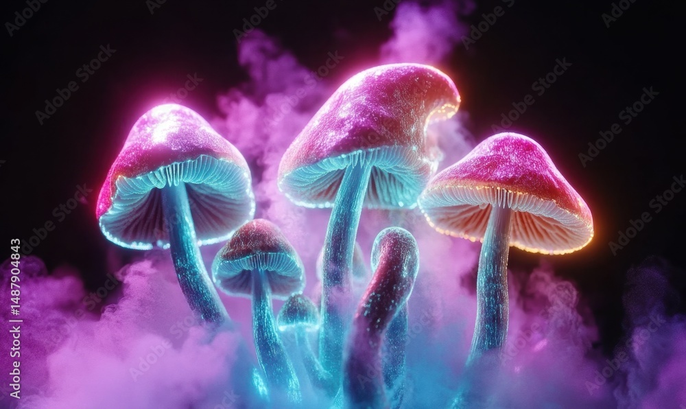 Obraz premium Glowing mushrooms in purple-blue smoke, fantasy art, dark background, psychedelic art, digital illustration