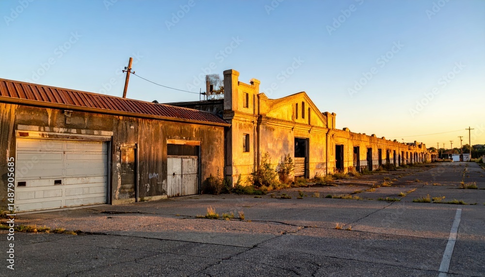 Fototapeta premium Abandoned Shipping Depot with Loading Docks at Sunset