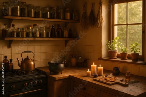 Rustic witch kitchen with herbs, candles, cauldron and vintage jars in warm light – AI generated