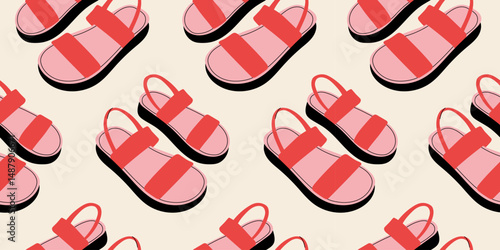 Seamless pattern with different summer types of modern trendy women footwear. Endless texture with fashionable and stylish shoes for printing. Colored flat vector illustration.