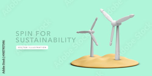Wind Energy Turbines Representing Clean Power, Sustainability, and Eco-Friendly Renewable Resources in 3D Minimal Style on Sandy Terrain. Ideal for Green Energy Projects. Vector Illustration.