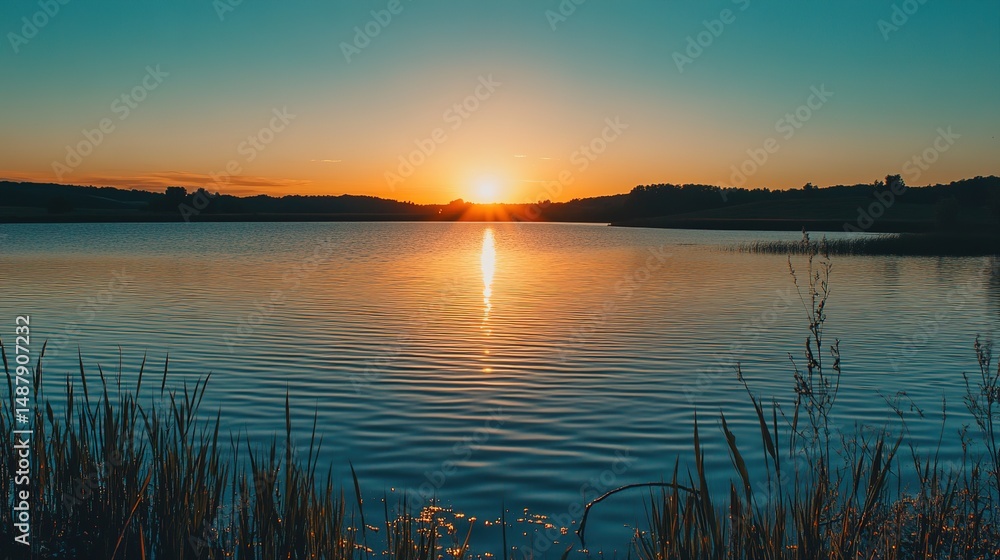 Fototapeta premium Sunset over tranquil water, a serene nature scene with a wide viewpoint, capturing the calm and aesthetic environment.
