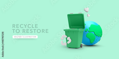Recycle Bin With Earth Globe and Heart Icons on Green Background, Eco-Friendly 3D Concept for Sustainability and Environment Protection. Vector Illustration.
