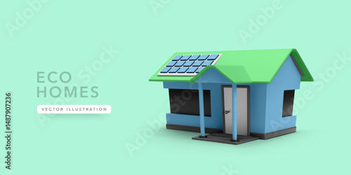 Eco House With Solar Panels on Green Roof, 3D Illustration Promoting Clean Energy, Renewable Resources, and Sustainable Living Concept. Vector Illustration.