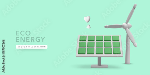 Eco Energy Concept With Solar Panel, Wind Turbine, and Heart Symbols. Clean Power and Renewable Technology in 3D Cartoon Style. Minimal Background. Vector Illustration.