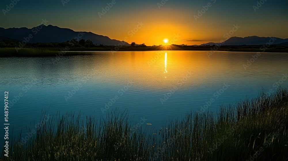 Fototapeta premium Sunset over tranquil water, a serene nature scene with a wide viewpoint, capturing the calm and aesthetic environment.