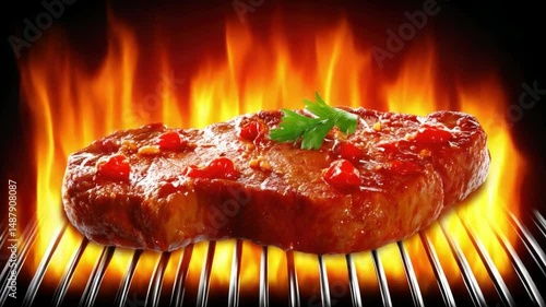 Grilled Meat on Flames with Spices and Fresh Herbs for Delicious Barbecue Experience