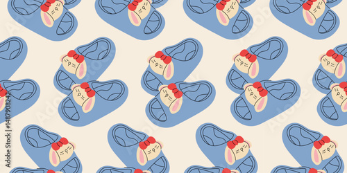 Seamless pattern with cute summer blue beach or home children's slippers. Endless texture with fashionable and stylish home shoes for printing. Colored flat vector illustration.
