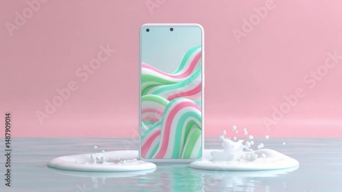 Colorful smartphone display with vibrant wavy patterns and water splash effects on a soft pastel background