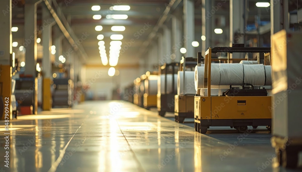 Obraz premium Dimly Lit Textile Warehouse with Pallet Jacks in Soft Morning Light