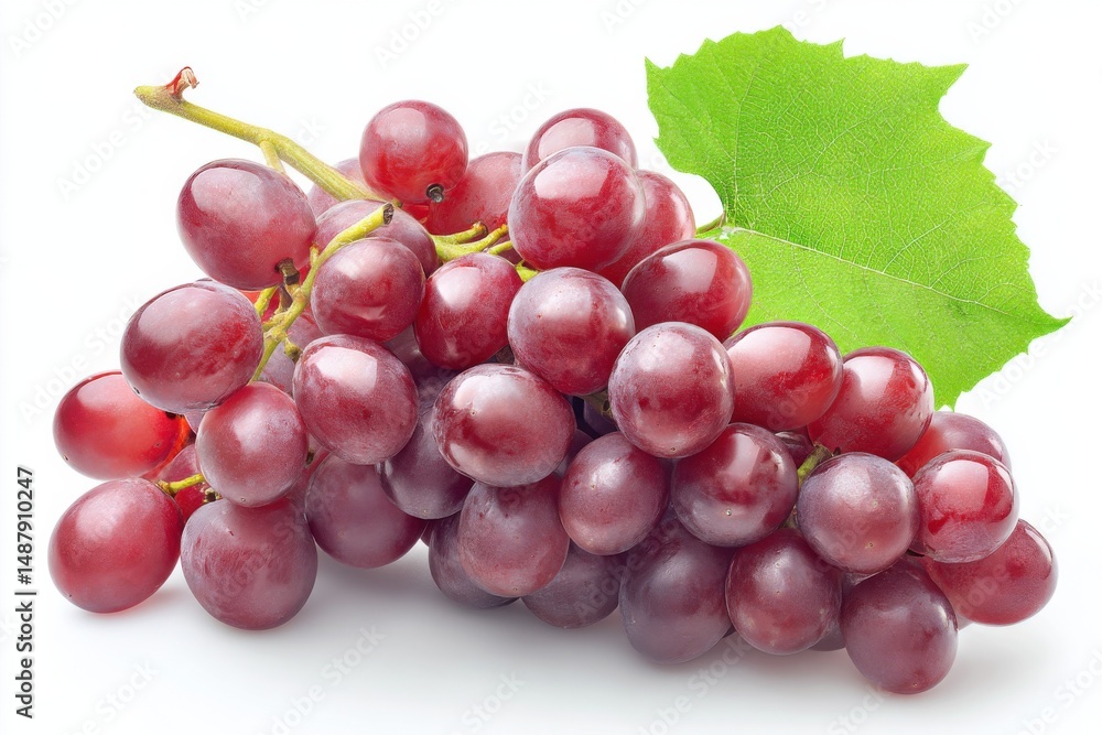 Fototapeta premium A bunch of ripe red grapes with a vibrant green leaf, freshly picked and ready to eat, showcasing their juicy texture and rich color against a clean white background. : Generative AI