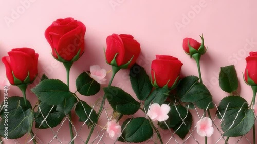 Vibrant Red Roses and Delicate Pink Flowers on a Soft Pink Background for Romantic or Celebratory Designs