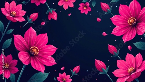 Bold fuchsia floral repeat, stylized blossoms on dark background , fabric, vector
