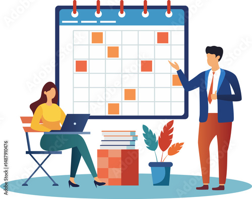 business people employee on schedule calendar, Business management set. Men and women plan work task, make to do list,  isolated on PNG background