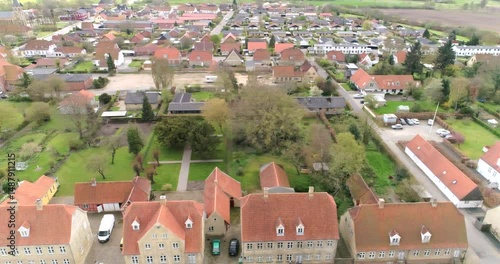Christiansfeld - drone pan from the centre over the roof tops