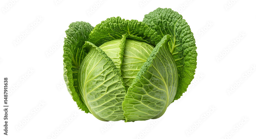 Obraz premium Savoy Cabbage Stands Out with Fresh Green Leaves on Transparent Background, Isolated