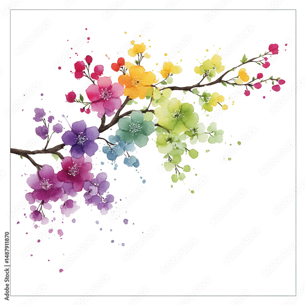 Naklejka premium A colorful watercolor branch with flowers of all colors on a white background.