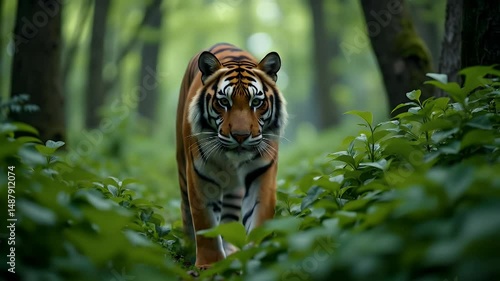 Tiger walking through lush forest