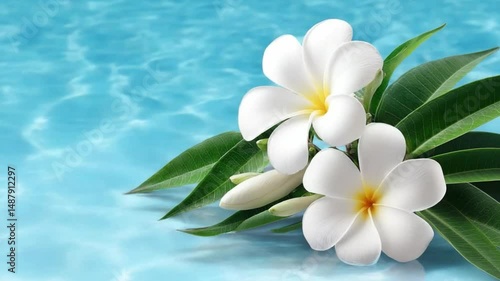 Beautiful White Flowers Floating on Clear Blue Water Surface with Vibrant Tropical Green Leaves