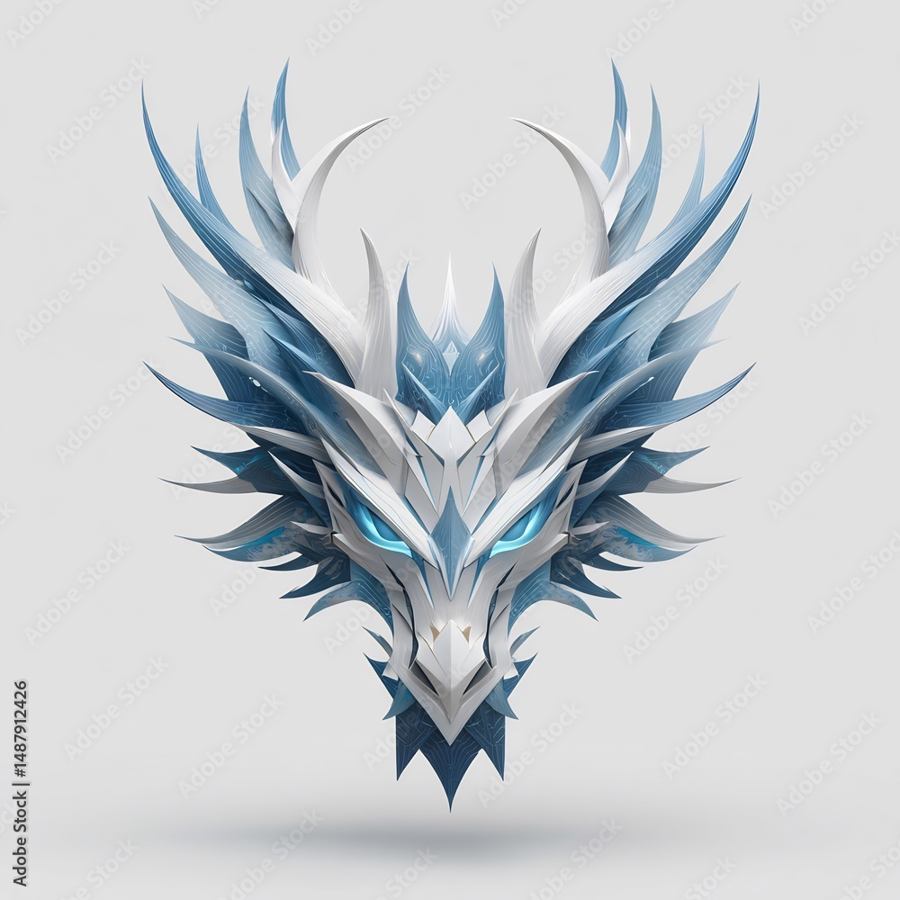 Fototapeta premium Icy chromatic dragon head with glowing cyan eyes, mythical fantasy creature