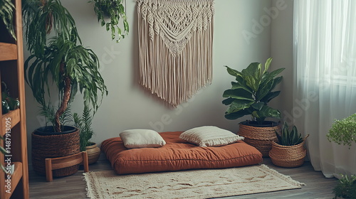 Bright boho meditation corner soft cushions hanging plants sunlight macrame wall art tranquil peaceful cozy minimalist serene atmosphere relaxing wellness interior home design