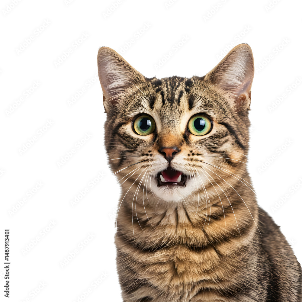 Obraz premium Surprised tabby cat with open mouth close up