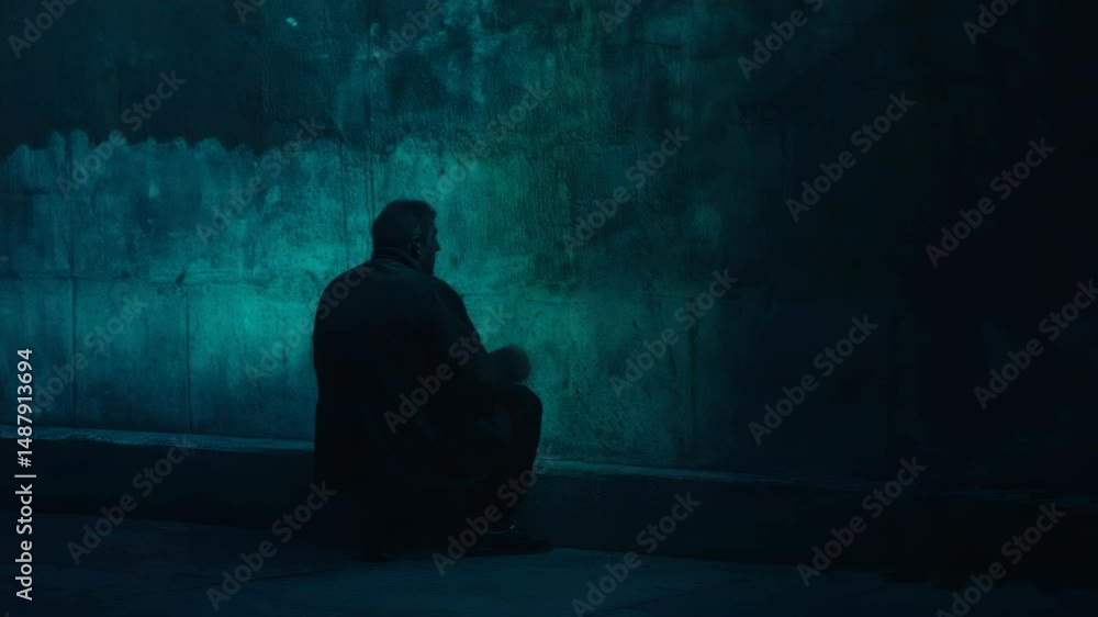 A person sitting on the ground with a wall in the background, often used for urban or cityscape scenes A person sitting on the ground with a wall in the background, often used for urban or cityscape scenes