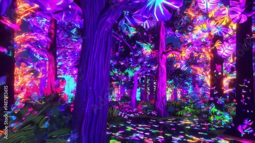 Neon Forest at Night: A Surreal and Vibrant Landscape with Glowing Trees and Colorful Illumination