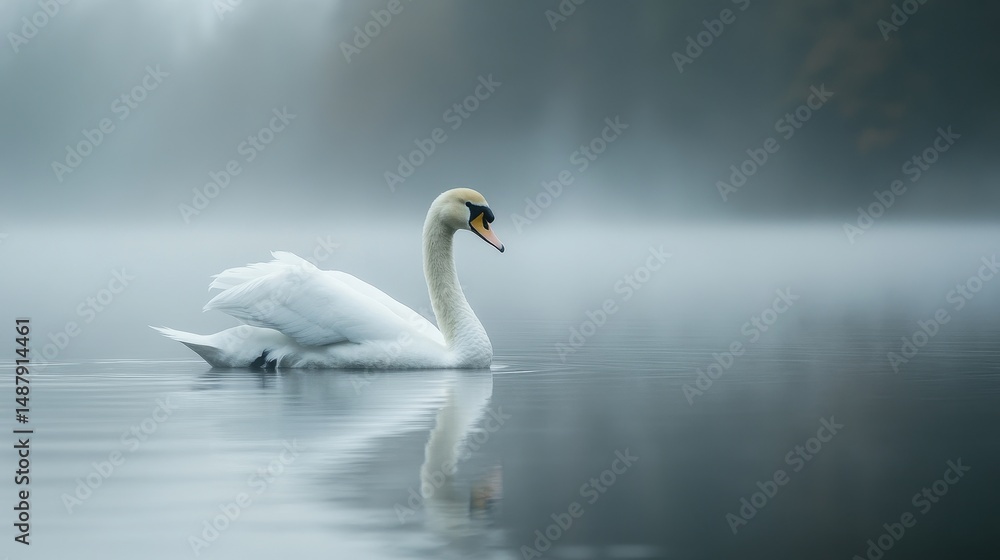 Fototapeta premium White Swan on Misty Lake Serene Waterfowl in Soft Morning Light