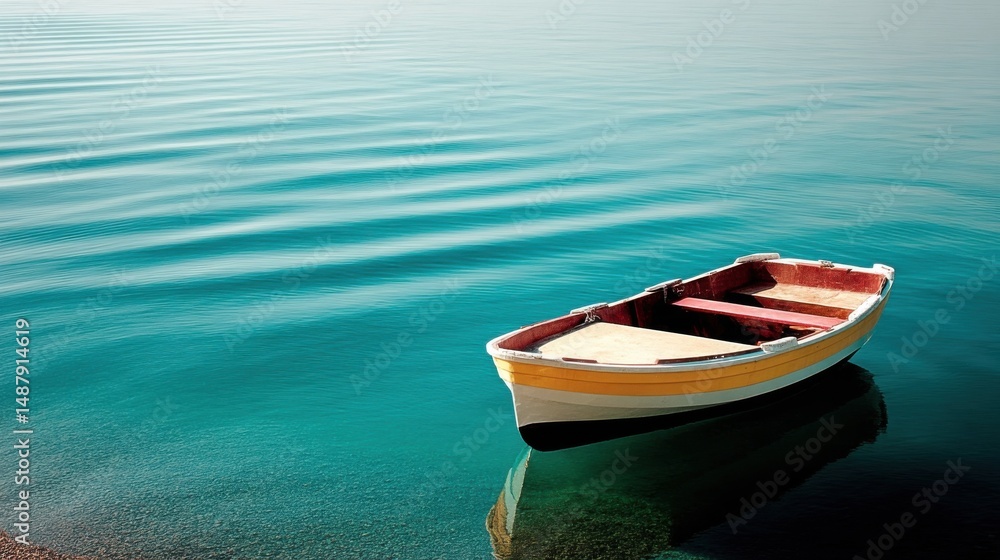 Naklejka premium Small yellow and white rowboat floats serenely on calm, turquoise water near a pebble shore, reflecting sunlight. : Generative AI