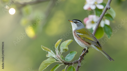 A Cyprus warbler (Sylvia melanothorax) perched gracefully on a beautiful branch.
