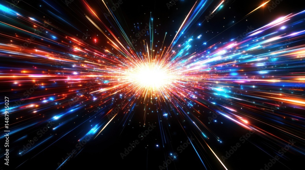 Naklejka premium Vibrant cosmic explosion with radiating multicolored light streaks and bright sparkles against a black background, creating a dynamic and energetic visual effect. : Generative AI
