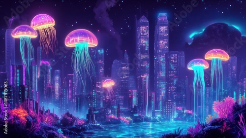 Neon Cityscape with bioluminescent Jellyfish
