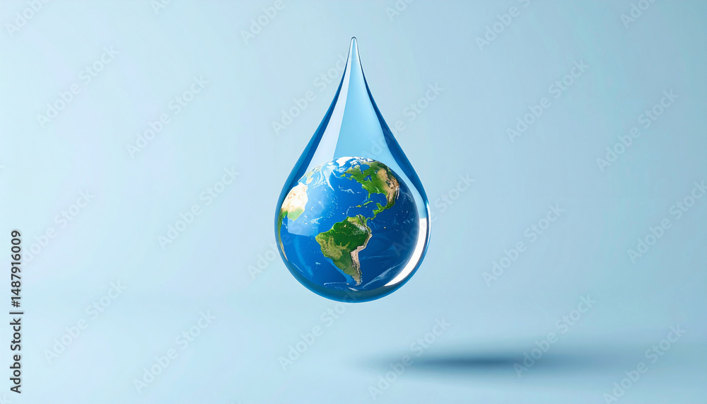 Fototapeta premium Earth Inside Water Droplet – 3D Concept Symbolizing Global Water Conservation