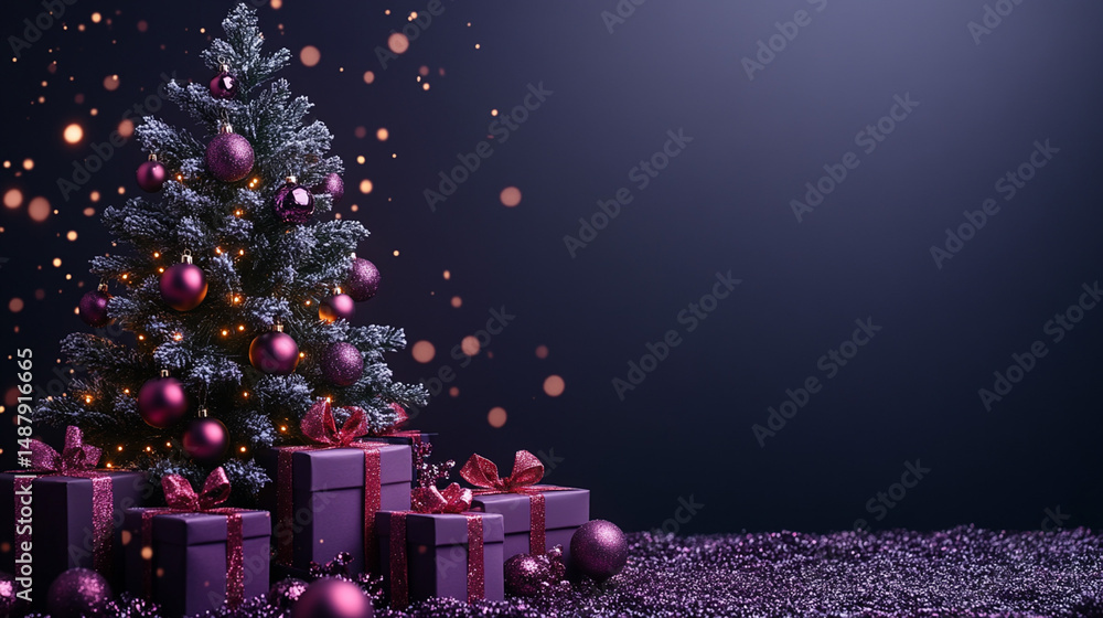 Purple Christmas tree with gifts on snowy ground, dark background, copy space Purple Christmas tree with gifts on snowy ground, dark background, copy space