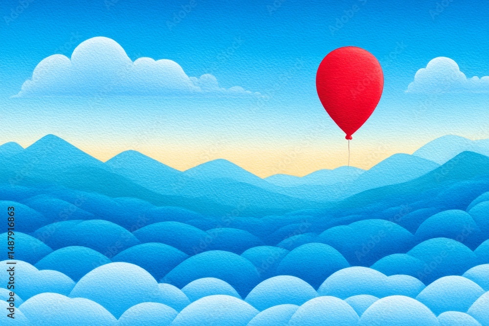 Fototapeta premium A dreamy watercolor of a red balloon drifting through a white misty sky