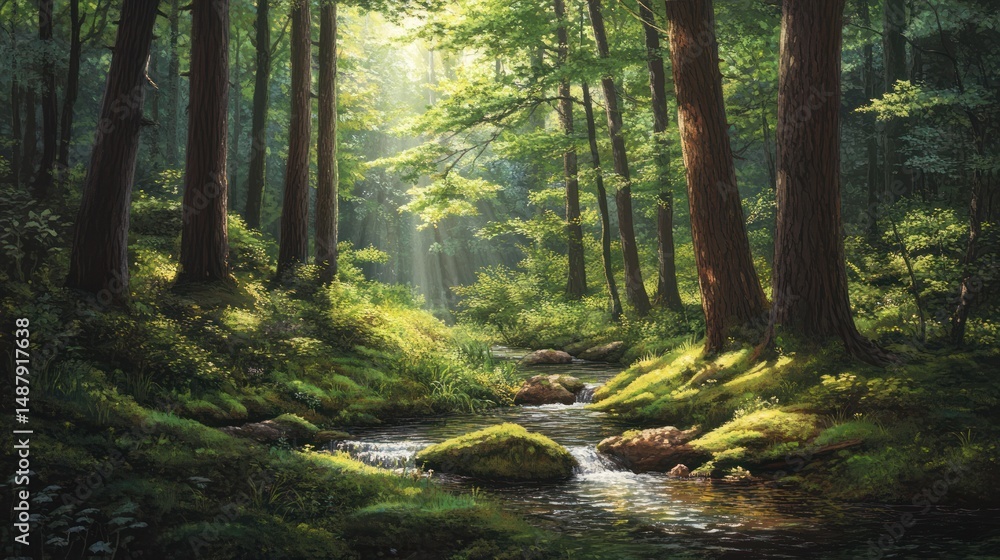 Sunlit Forest Stream: A Tranquil Woodland Scene Sunlit Forest Stream: A Tranquil Woodland Scene