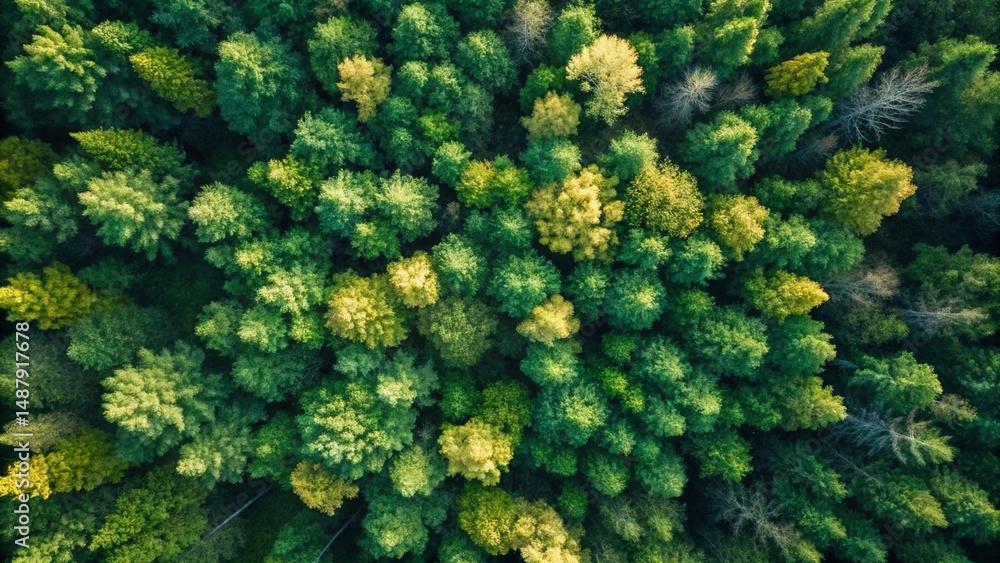 Naklejka premium An aerial view looking straight down onto a dense forest canopy with varying shades of green from different tree types, showcasing a vibrant and textured natural pattern