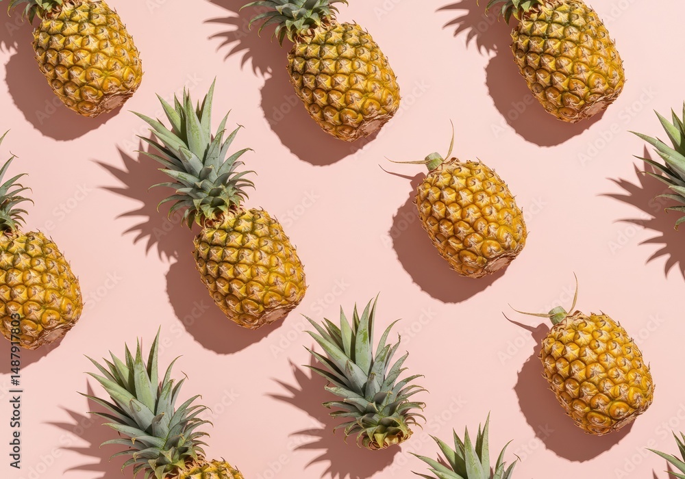 A beautiful pattern of fresh pineapples with shadows cast on a soft pink background. A beautiful pattern of fresh pineapples with shadows cast on a soft pink background.