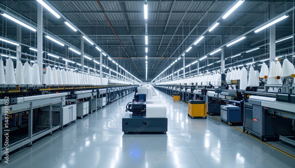Fototapeta premium Futuristic Warehouse with Robotic Pickers and Ambient Lighting