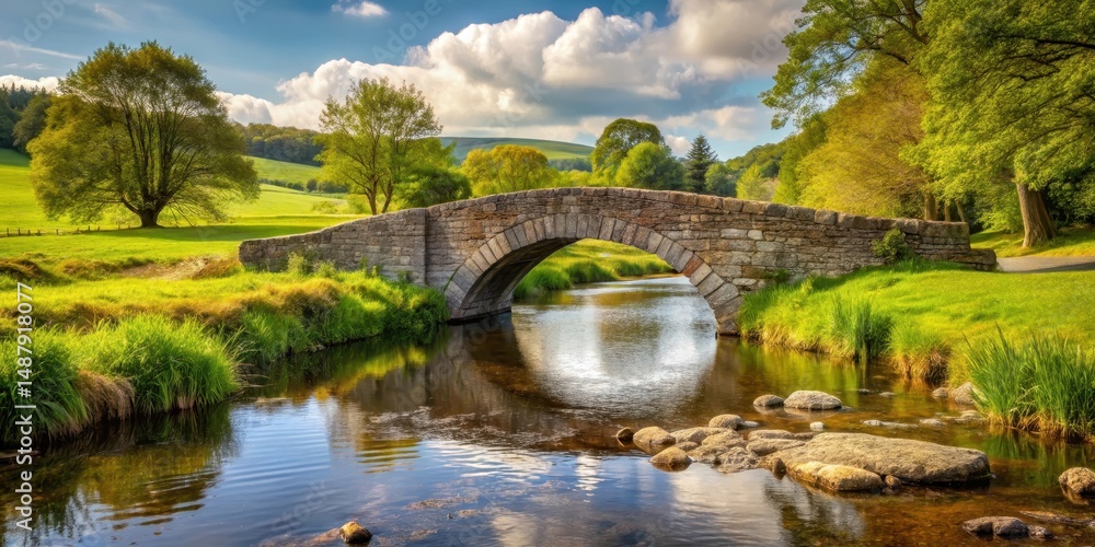 stone bridge crossing over babbling brook in countryside scene, serene landscape, rural charm stone bridge crossing over babbling brook in countryside scene, serene landscape, rural charm