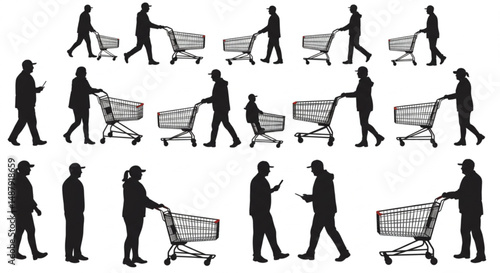 Collection of vector silhouette of different people push shopping cart on white background. Symbol of shop accessories.
