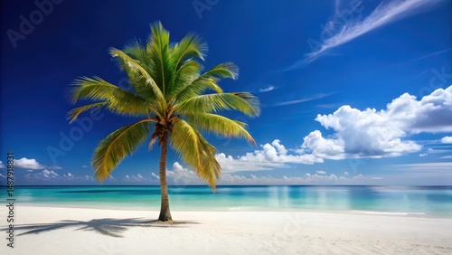 Fototapeta Naklejka Na Ścianę i Meble -  A lone palm tree stands tall on a pristine white sandy beach with a dreamy blue sky above it