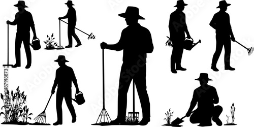 Vector silhouette of woman collecting excrement of her dog on white background.
